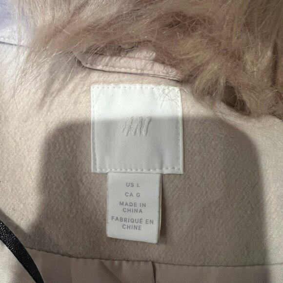 H&M FAUX FUR TRIM LONG COAT TIE WAIST SIZE L LARGE - Picture 4 of 5